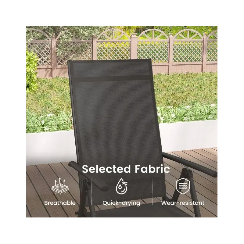 Kaksi mustaa säädettävää terassituolia ulkokäyttöön