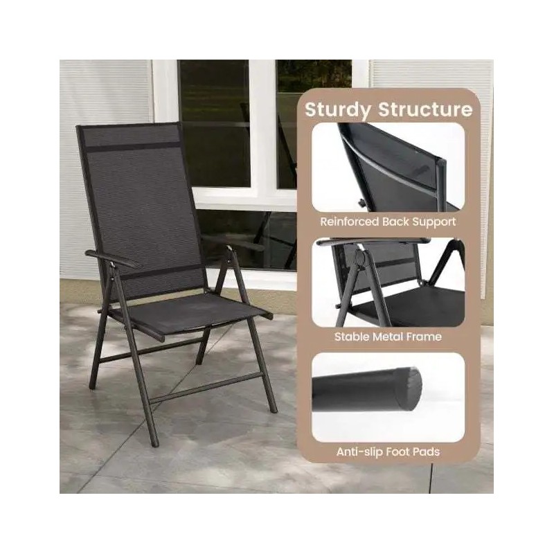 Kaksi mustaa säädettävää terassituolia ulkokäyttöön