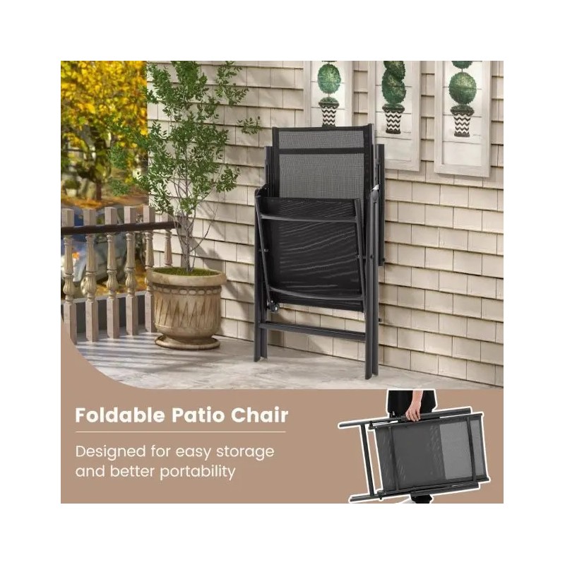 Kaksi mustaa säädettävää terassituolia ulkokäyttöön