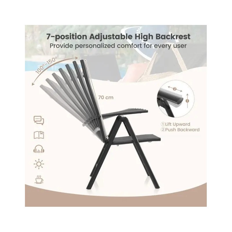 Kaksi mustaa säädettävää terassituolia ulkokäyttöön