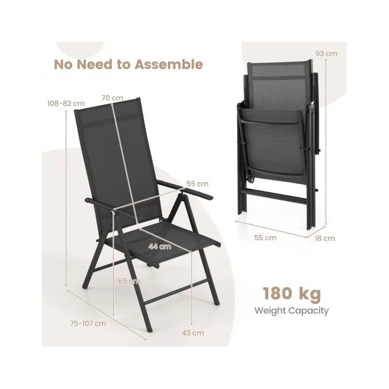 Kaksi mustaa säädettävää terassituolia ulkokäyttöön