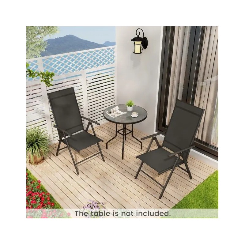 Kaksi mustaa säädettävää terassituolia ulkokäyttöön