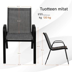 2 kpl pinottavaa harmaata metallista ulkotuolia käsinojilla