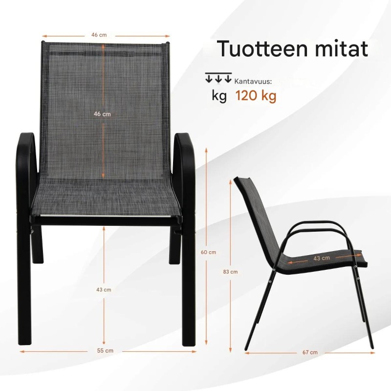 2 kpl pinottavaa harmaata metallista ulkotuolia käsinojilla