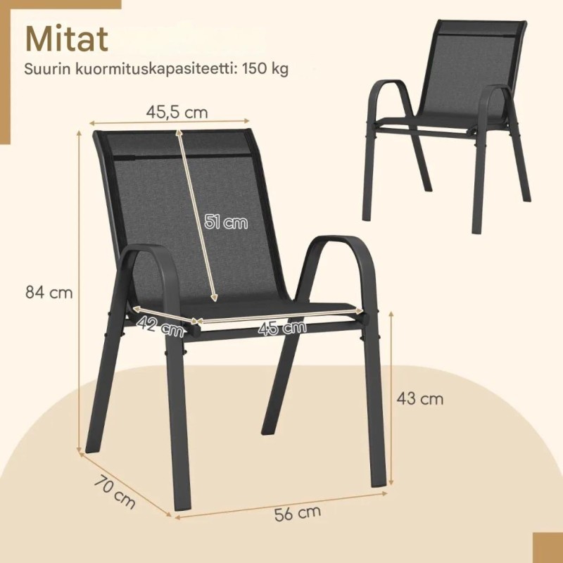 Pinottavat mustat puutarhatuolit, ergonominen muotoilu, 2 kpl setti