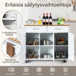 Valkoinen keittiösaareke pyörillä ja säilytystilalla