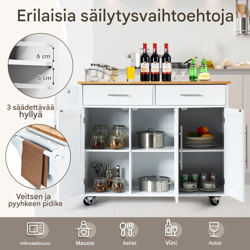 Valkoinen keittiösaareke pyörillä ja säilytystilalla