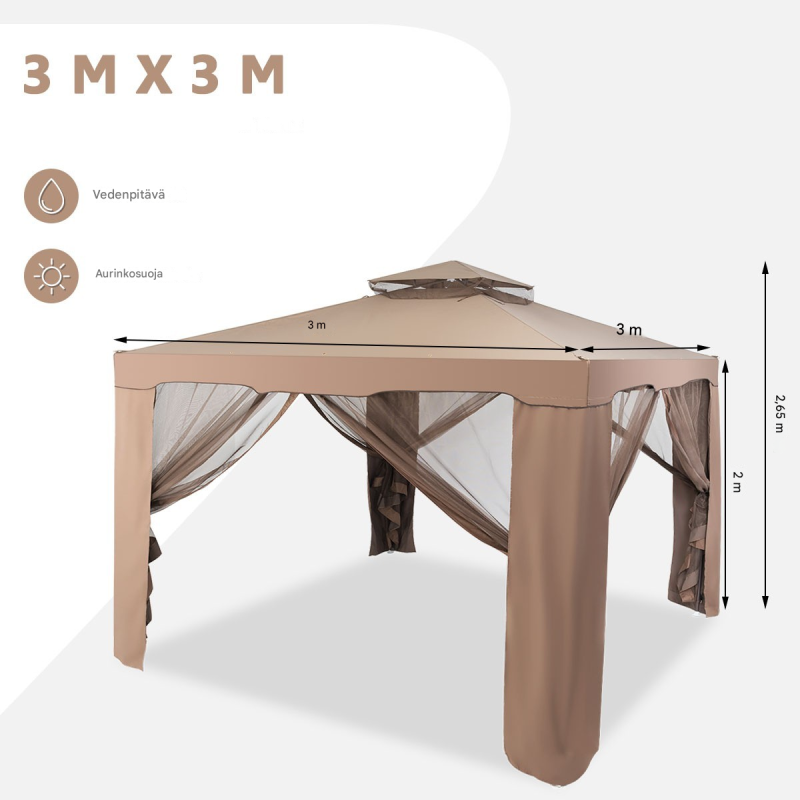 Ruskea puutarhapaviljonki hyönteissuojalla ja säädettävillä seinillä