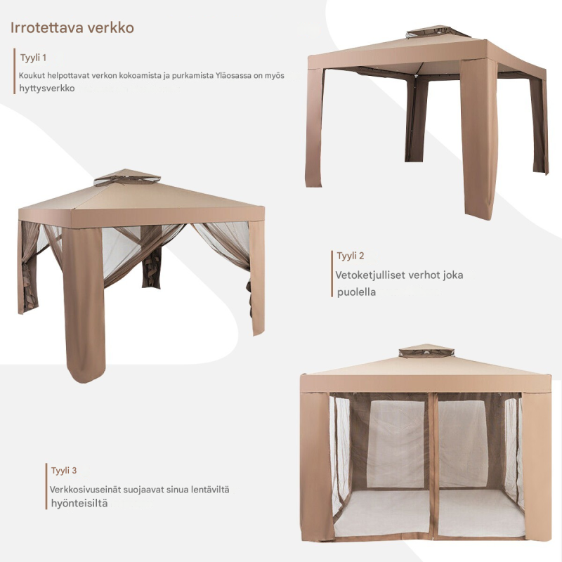 Ruskea puutarhapaviljonki hyönteissuojalla ja säädettävillä seinillä