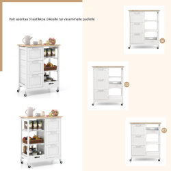 Rullattava valkoinen keittiövaunu säilytystilalla ja pyörillä