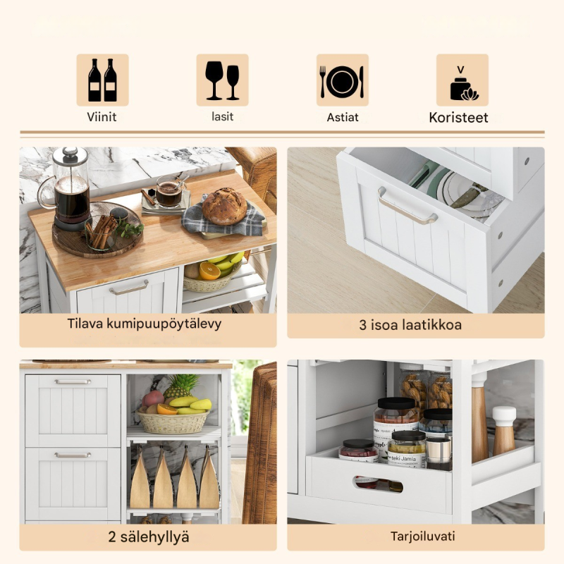 Rullattava valkoinen keittiövaunu säilytystilalla ja pyörillä