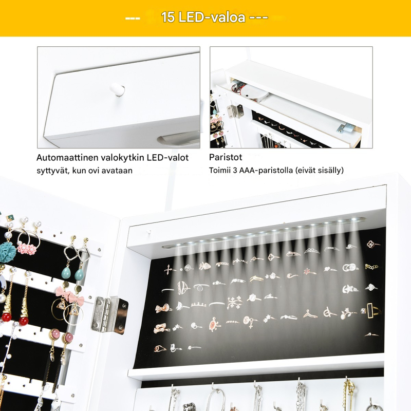 Valkoinen LED-valaistu korukaappi kokopeilillä ja lukolla