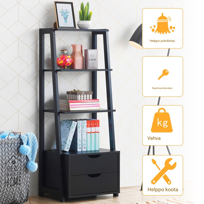 Moderni musta tikashylly neljällä tasolla ja laatikoilla