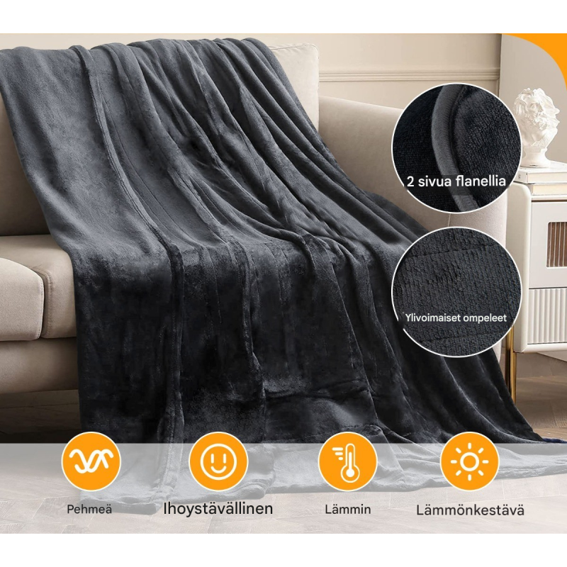 Harmaa lämmitettävä viltti 9 lämpötilaa 163x128 cm