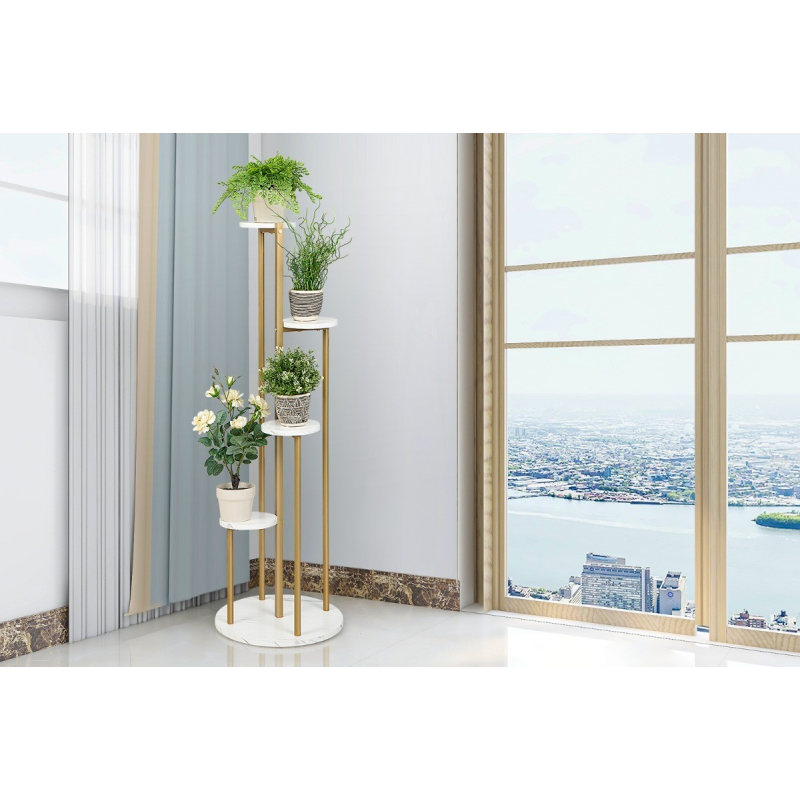 Kultakehyksinen valkoinen 4-tasoinen metallinen kasviteline