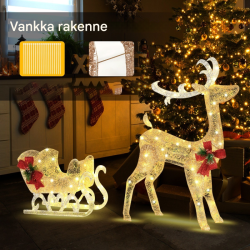 Valaistu kultainen poro ja reki joulukoriste ulkokäyttöön