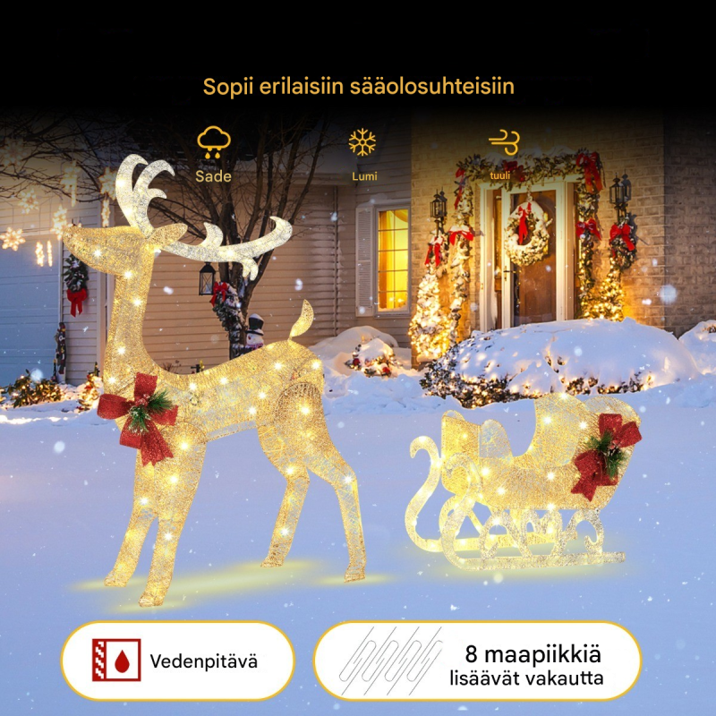 Valaistu kultainen poro ja reki joulukoriste ulkokäyttöön