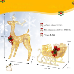 Valaistu kultainen poro ja reki joulukoriste ulkokäyttöön
