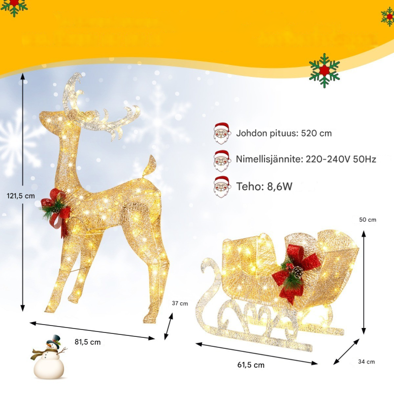 Valaistu kultainen poro ja reki joulukoriste ulkokäyttöön