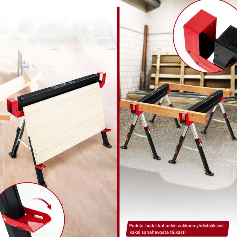Taitettava teräksinen sahapukki, säädettävä korkeus, punainen ja musta
