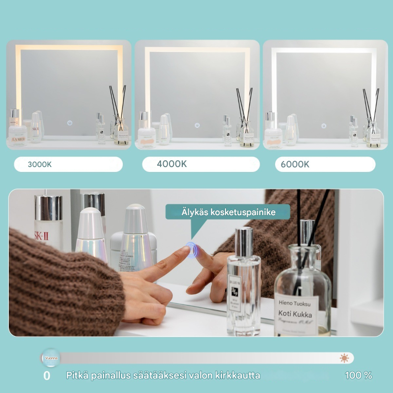 Meikkipöytäsetti suurella peilillä ja jakkaralla valkoinen