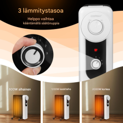 Öljytäytteinen musta lämmitin, 3 tehoa, termostaatti