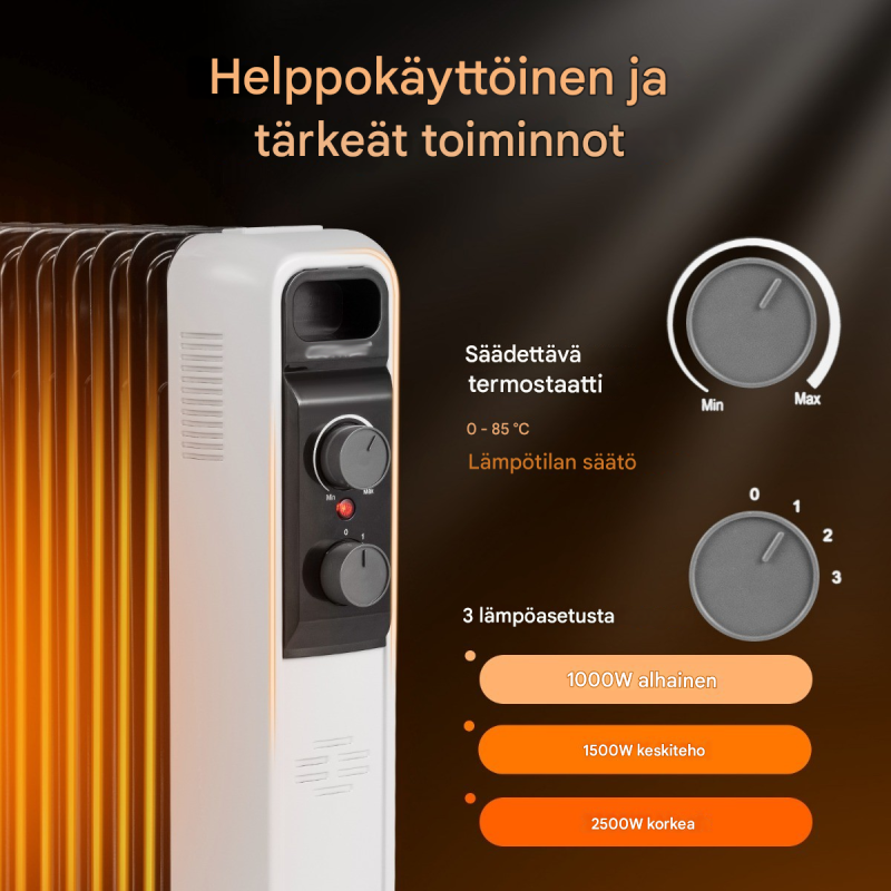 Öljytäytteinen sähköpatteri, 3 tehoa, musta, siirrettävä