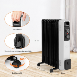 Öljytäytteinen sähköpatteri, 3 tehoa, musta, siirrettävä