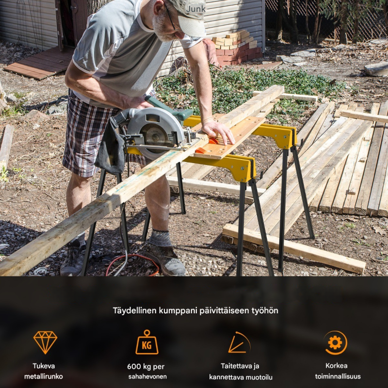 Keltainen taitettava sahapukki 2 kpl, vankka ja kevyt