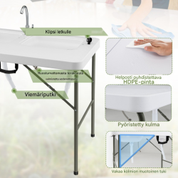 Kokoontaitettava valkoinen fileointipöytä kahdella altaalla ulkokäyttöön