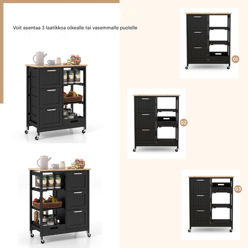 Monikäyttöinen keittiövaunu pyörillä ja säilytystilalla musta