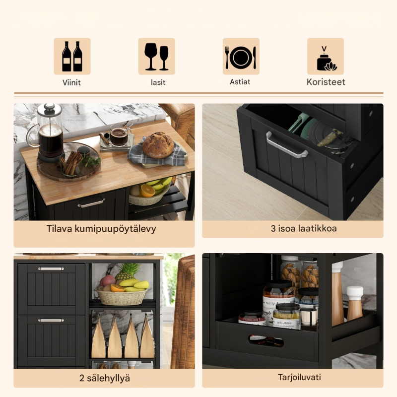 Monikäyttöinen keittiövaunu pyörillä ja säilytystilalla musta