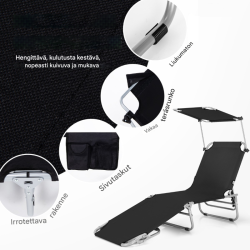 Musta taitettava aurinkotuoli 5-asentoinen selkänoja ja katos