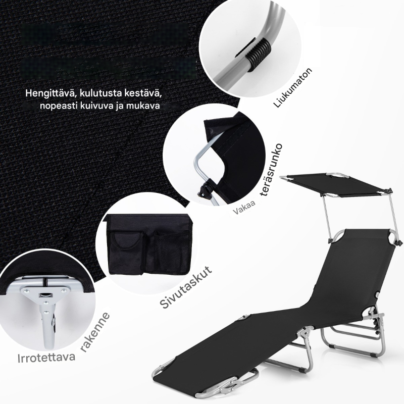 Musta taitettava aurinkotuoli 5-asentoinen selkänoja ja katos