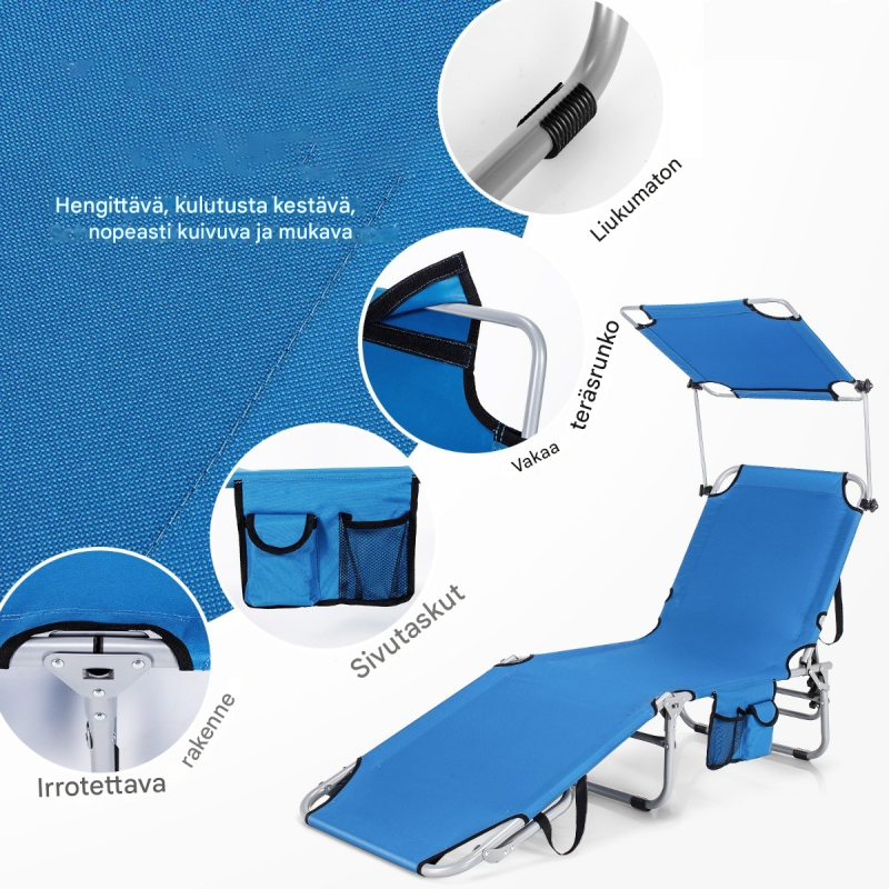 Taitettava sininen aurinkotuoli säädettävällä selkänojalla ja katoksella