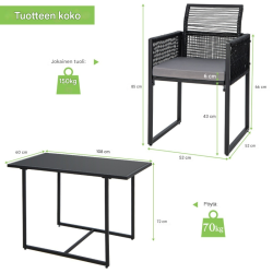 Kolmen osan harmaa ulkoruokailusetti pehmeillä tyynyillä