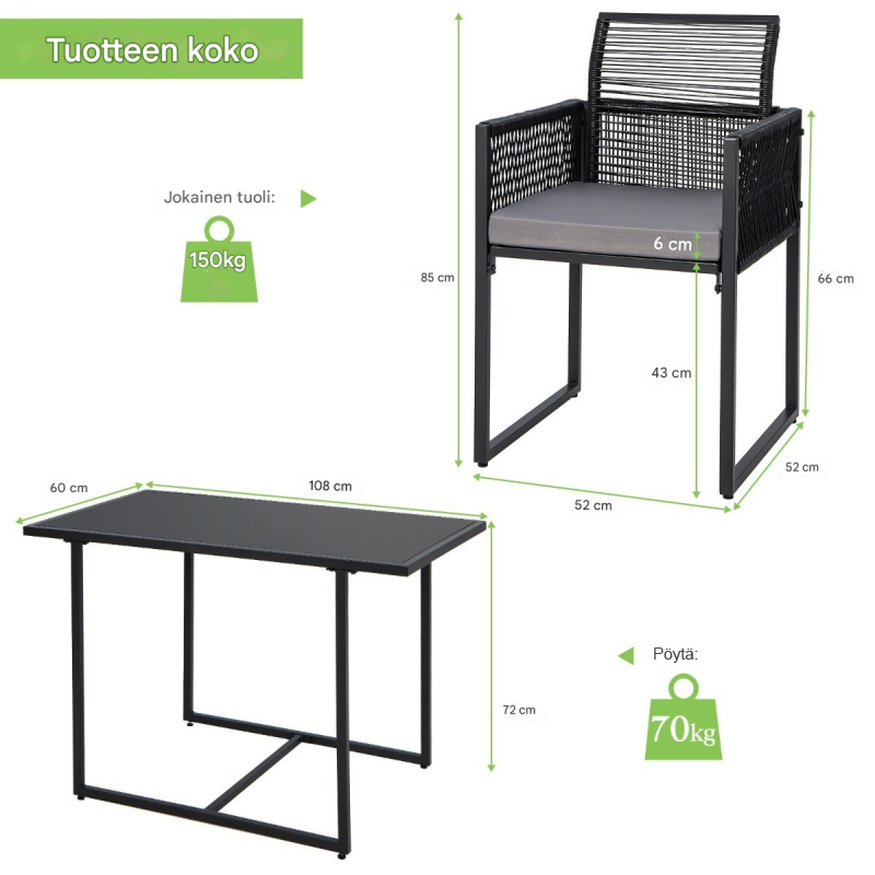 Kolmen osan harmaa ulkoruokailusetti pehmeillä tyynyillä