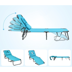 Taitettava turkoosi aurinkotuoli kasvotilalla ja tyynyillä