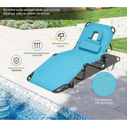 Taitettava turkoosi aurinkotuoli kasvotilalla ja tyynyillä