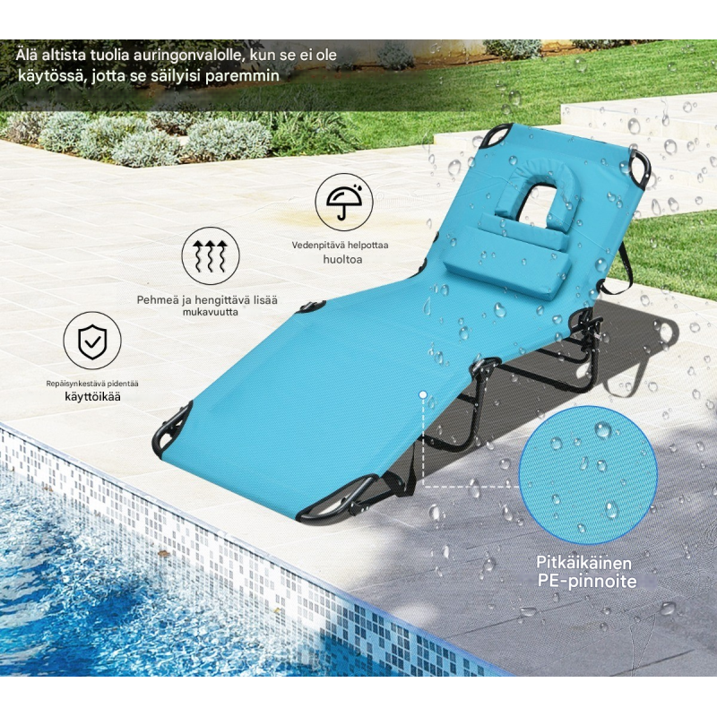 Taitettava turkoosi aurinkotuoli kasvotilalla ja tyynyillä