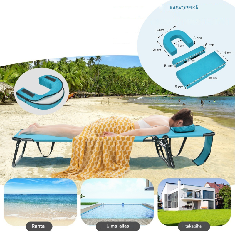 Taitettava turkoosi aurinkotuoli kasvotilalla ja tyynyillä