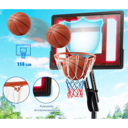 Säädettävä musta koripalloteline pyörillä ja täytettävällä jalustalla
