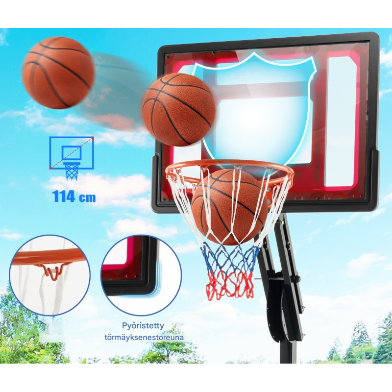 Säädettävä musta koripalloteline pyörillä ja täytettävällä jalustalla