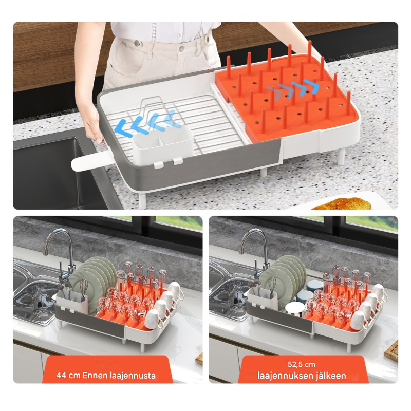 Säädettävä valkoinen astiateline irrotettavalla aterintelineellä