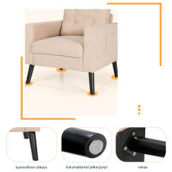 Beige mukava nojatuoli sivutaskuilla ja ergonomisella muotoilulla