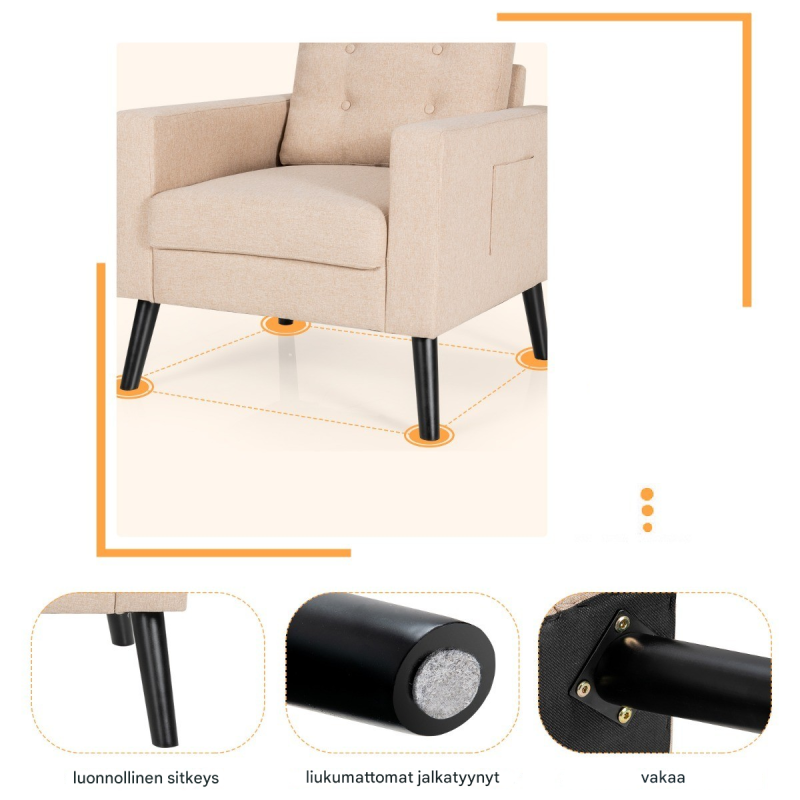 Beige mukava nojatuoli sivutaskuilla ja ergonomisella muotoilulla