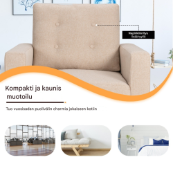 Beige mukava nojatuoli sivutaskuilla ja ergonomisella muotoilulla