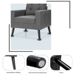 Harmaa lepotuoli sivutaskuilla ja ergonomisilla käsinojilla