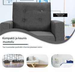 Harmaa lepotuoli sivutaskuilla ja ergonomisilla käsinojilla