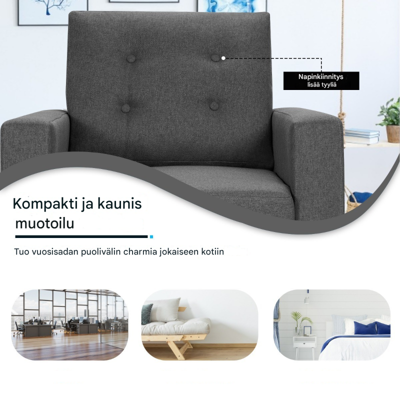 Harmaa lepotuoli sivutaskuilla ja ergonomisilla käsinojilla